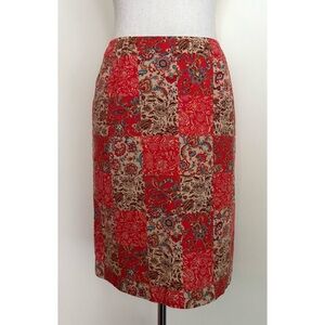 Vintage 90s Faux Patchwork Skirt Paisley Floral Orange Pencil Cotton Size M
